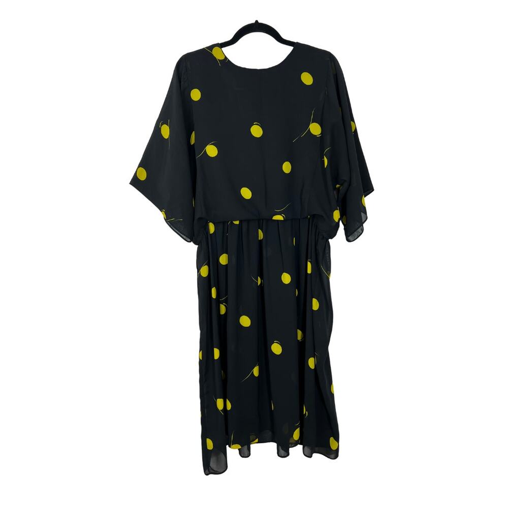 VTG Variations Black Yellow Polka Dot Doman 3/4" Sleeves Semi Sheer Dress 12